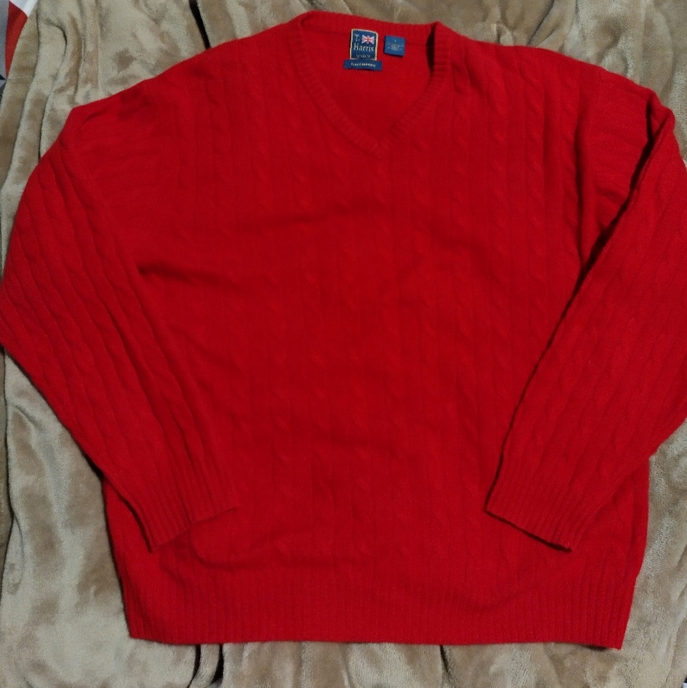 T.Harris London pure cashmere vneck cable knit sweater Mens L.